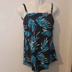 Kim Gravel Seimsuits for All QVC Swim Top Women's Black  Blue Leaf Print NWOT